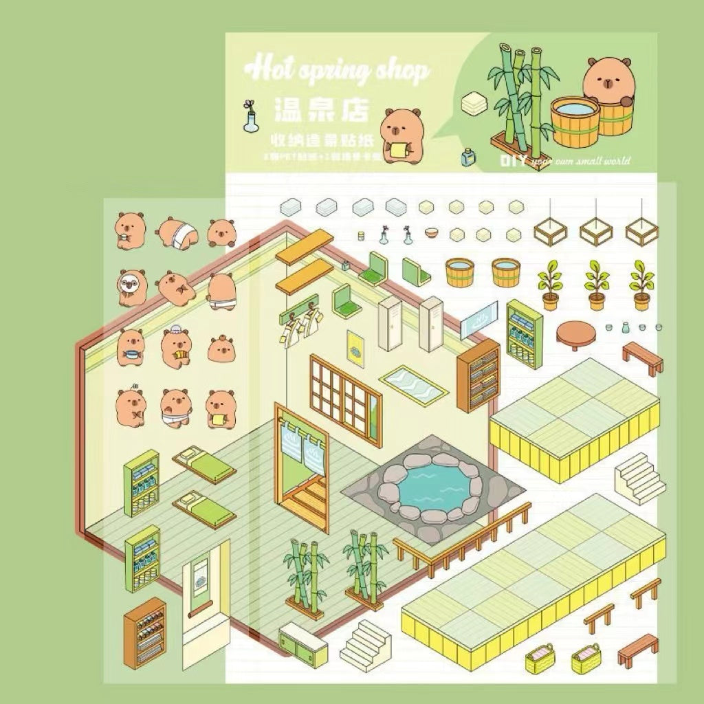 DIY Capybara Stickers Scene: Cute Animal Restaurant|Hot Spring|Baking Shop|Fruit Shop