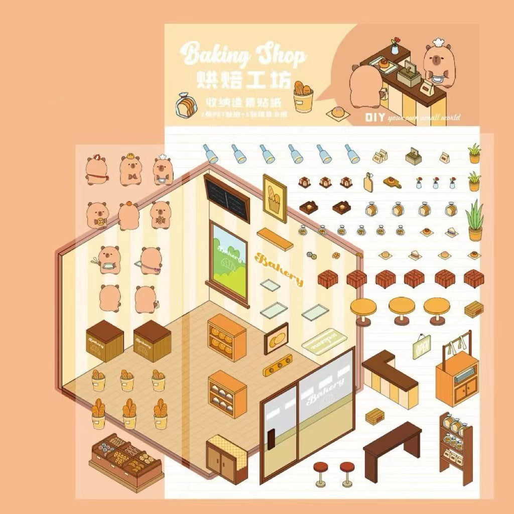 DIY Capybara Stickers Scene: Cute Animal Restaurant|Hot Spring|Baking Shop|Fruit Shop