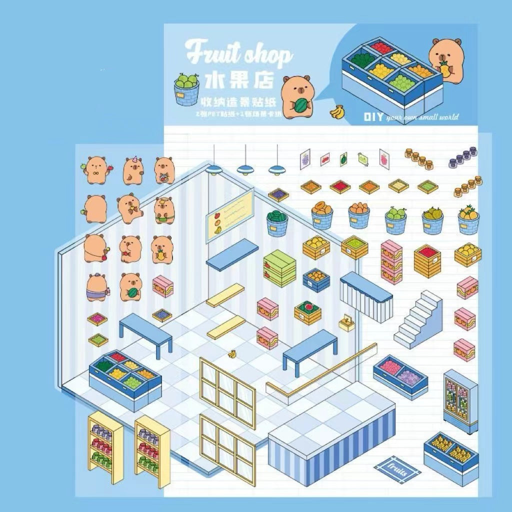 DIY Capybara Stickers Scene: Cute Animal Restaurant|Hot Spring|Baking Shop|Fruit Shop