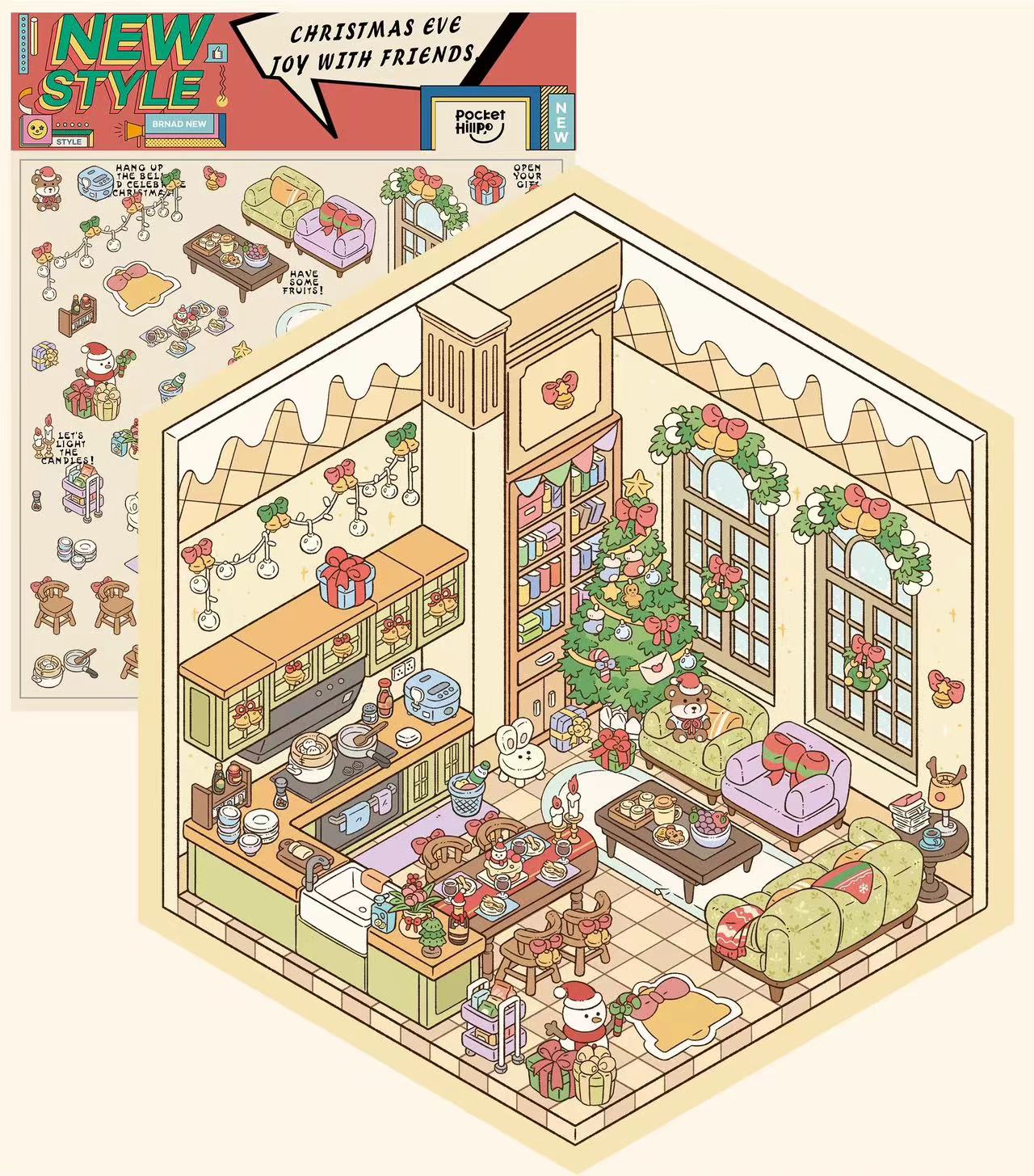 Miniature Sticker Scene, Make Your Own Christmas House Party Tailor Shop Chinese Market