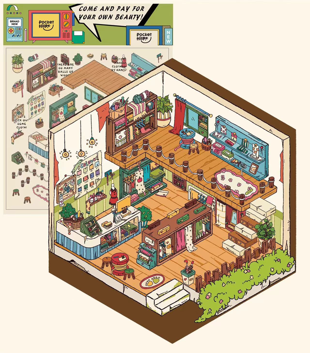 Miniature Sticker Scene, Make Your Own Christmas House Party Tailor Shop Chinese Market