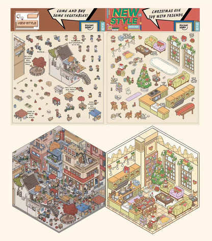 Miniature Sticker Scene, Make Your Own Christmas House Party Tailor Shop Chinese Market