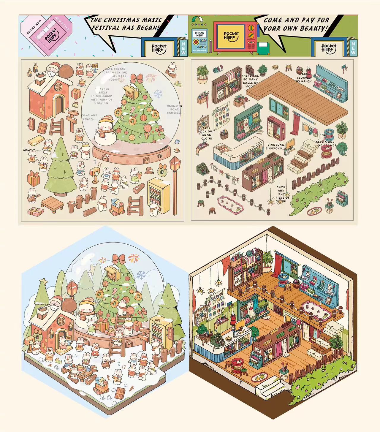 Miniature Sticker Scene, Make Your Own Christmas House Party Tailor Shop Chinese Market