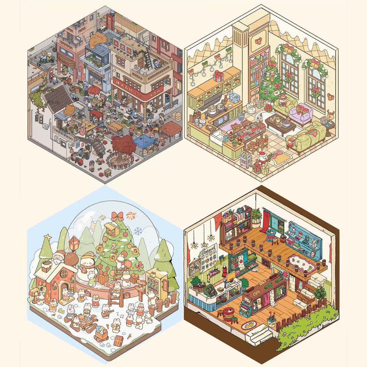 Miniature Sticker Scene, Make Your Own Christmas House Party Tailor Shop Chinese Market