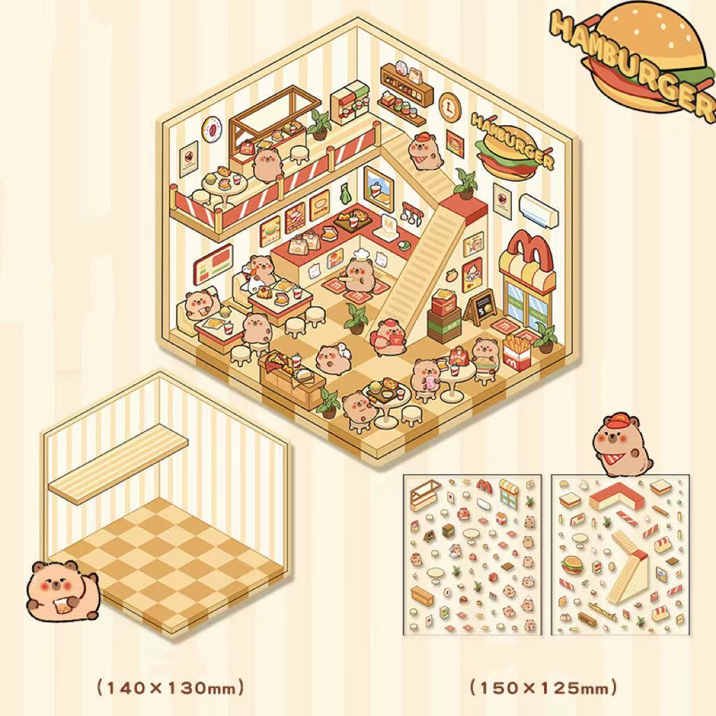 DIY 3D Sticker Scene,Capybara Hamburger|Puppy Convenience|Bunny Clothing|Bear Bakery
