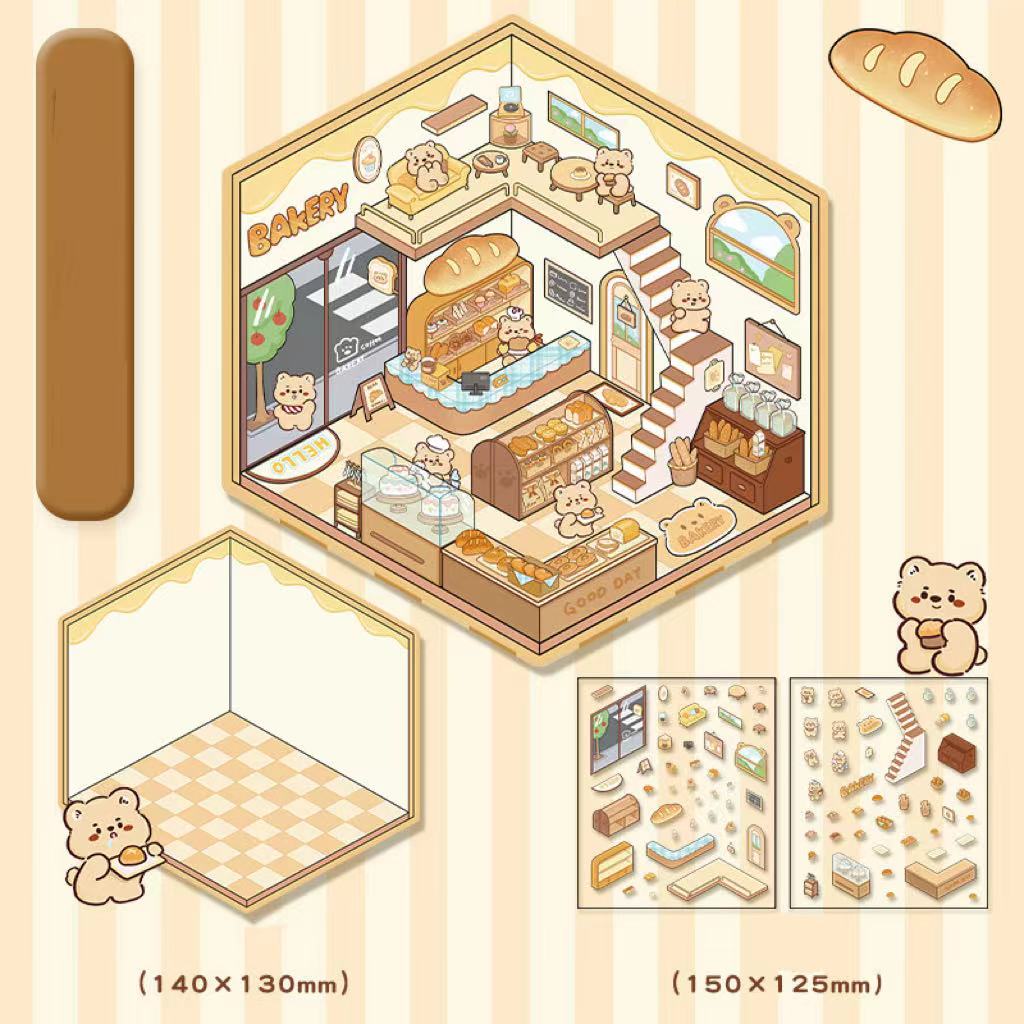 DIY 3D Sticker Scene,Capybara Hamburger|Puppy Convenience|Bunny Clothing|Bear Bakery