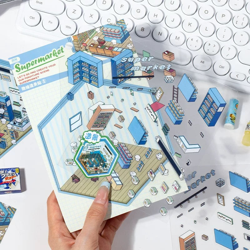DIY 3D Sticker Scene,Coffee House|Cat Cafe|Supermarket|Burger Shop