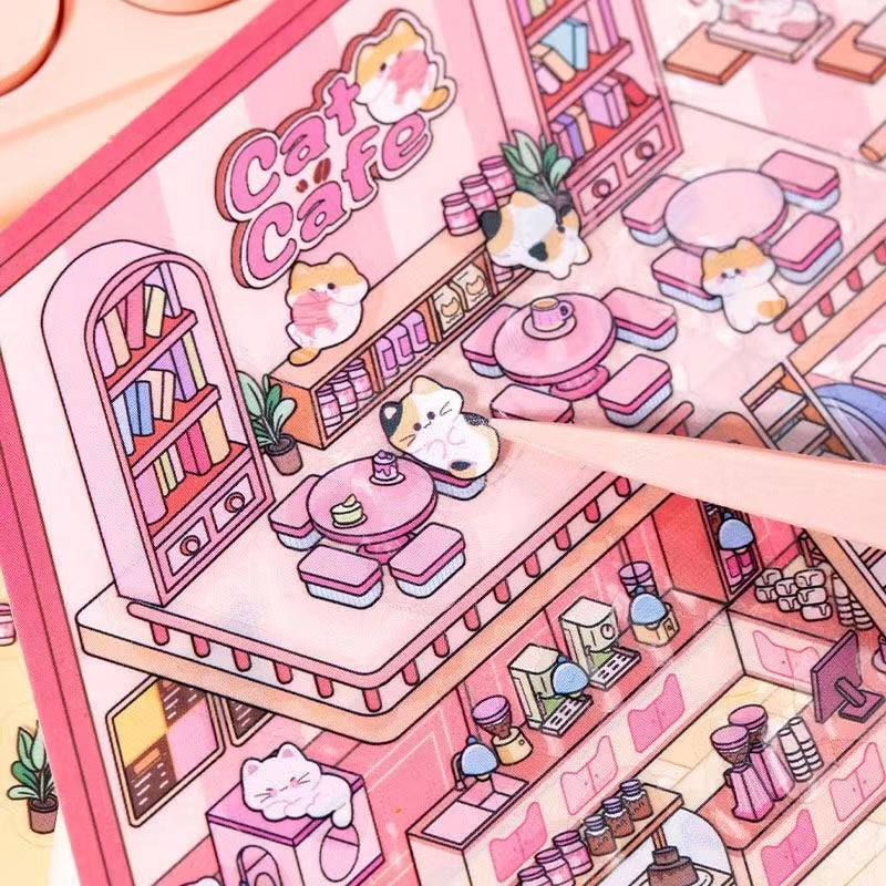 DIY 3D Sticker Scene,Coffee House|Cat Cafe|Supermarket|Burger Shop