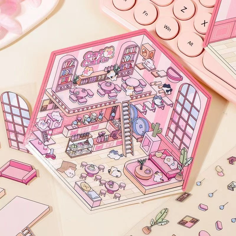 DIY 3D Sticker Scene,Coffee House|Cat Cafe|Supermarket|Burger Shop