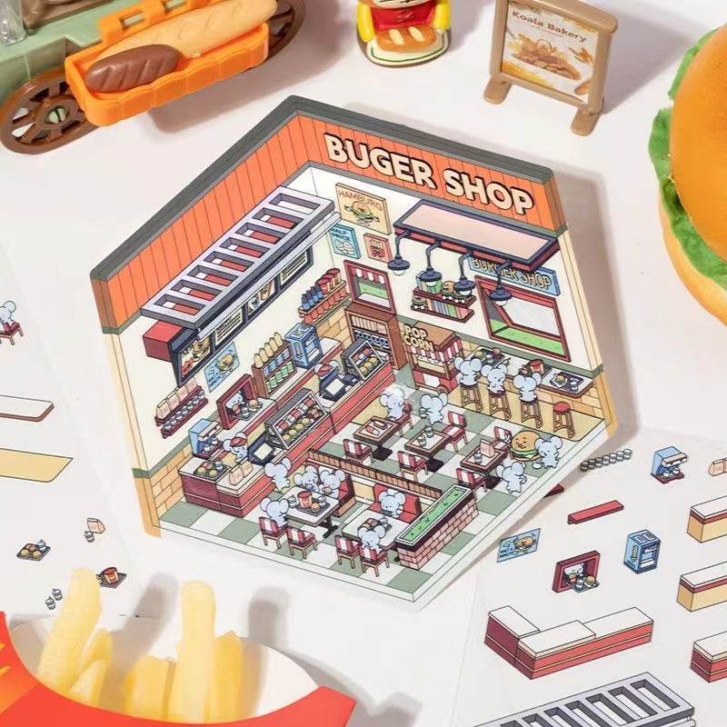 DIY 3D Sticker Scene,Coffee House|Cat Cafe|Supermarket|Burger Shop
