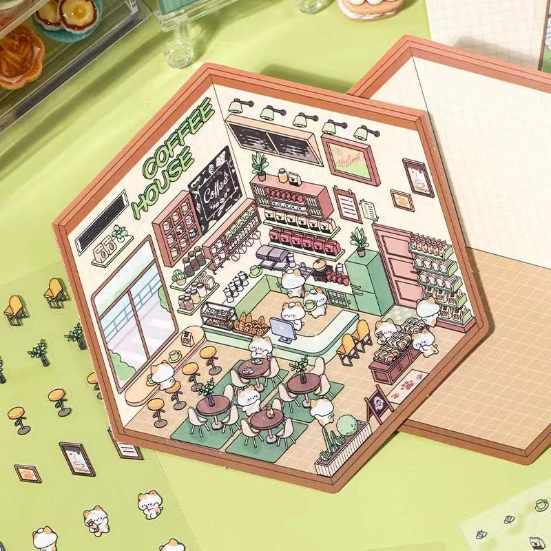 DIY 3D Sticker Scene,Coffee House|Cat Cafe|Supermarket|Burger Shop