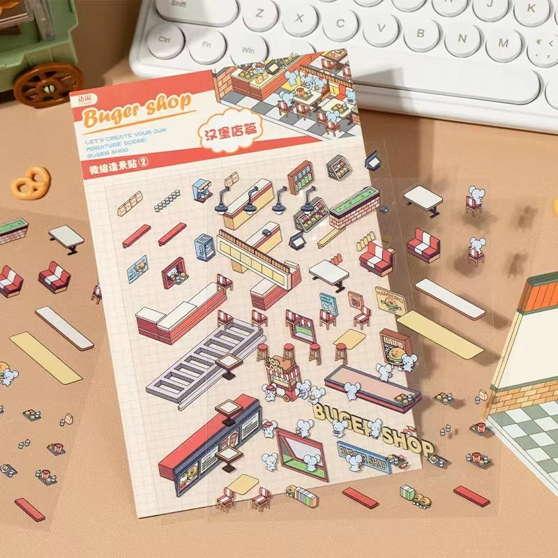 DIY 3D Sticker Scene,Coffee House|Cat Cafe|Supermarket|Burger Shop