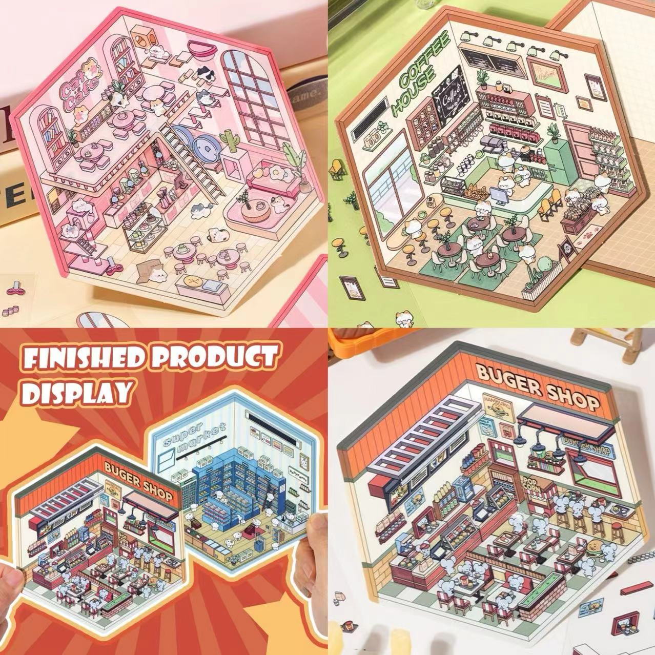 DIY 3D Sticker Scene,Coffee House|Cat Cafe|Supermarket|Burger Shop