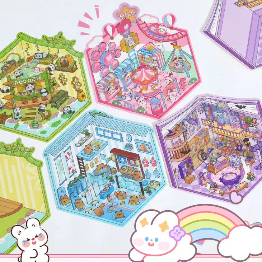 DIY 3D Sticker Scene: Panda Tea House Amusement Park Hot Spring Magic House