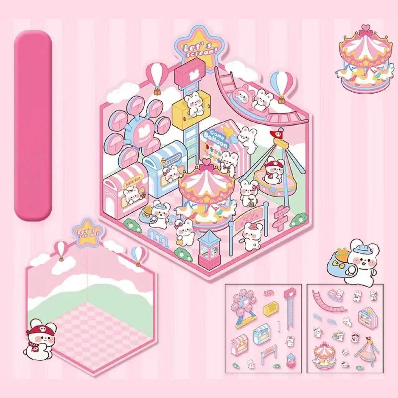 DIY 3D Sticker Scene: Panda Tea House Amusement Park Hot Spring Magic House