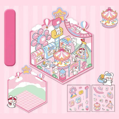 DIY 3D Sticker Scene: Panda Tea House Amusement Park Hot Spring Magic House