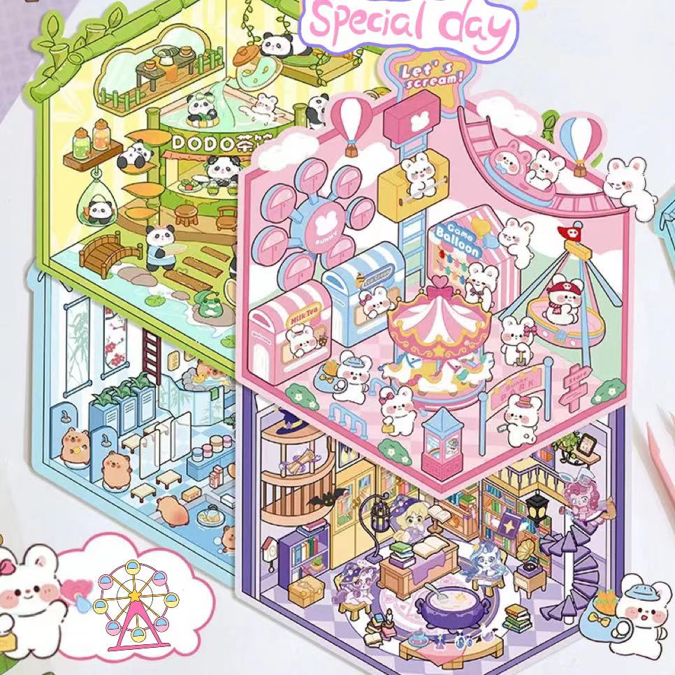 DIY 3D Sticker Scene: Panda Tea House Amusement Park Hot Spring Magic House