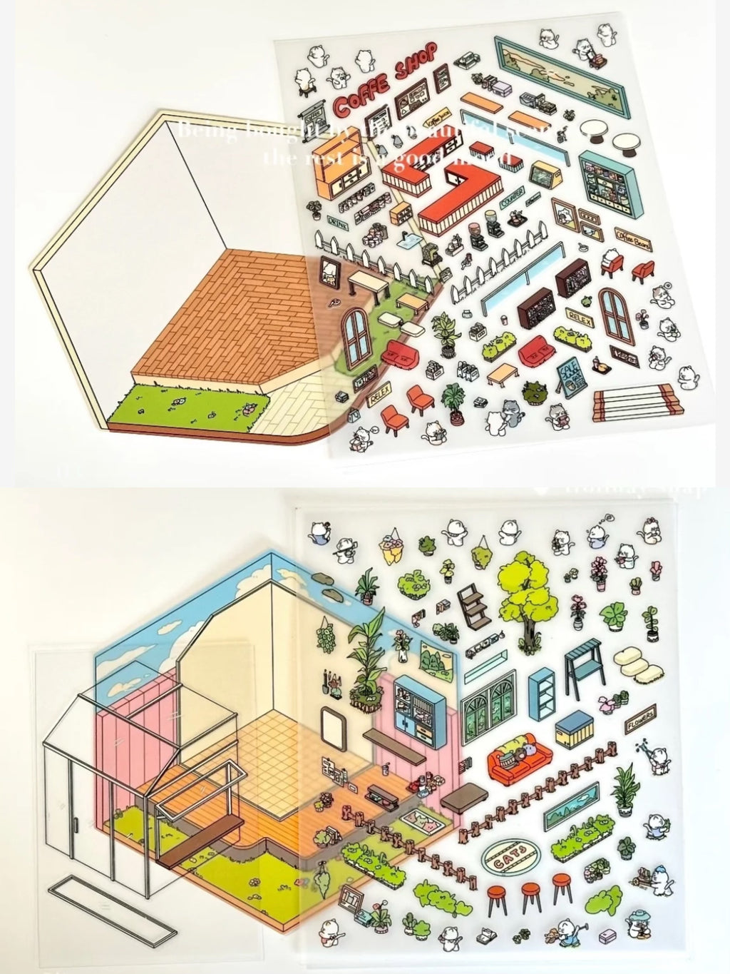 3D Sticker Scene,Make a Sunshine Greenhouse|Coffee Shop|Candy House|Clothing Shop