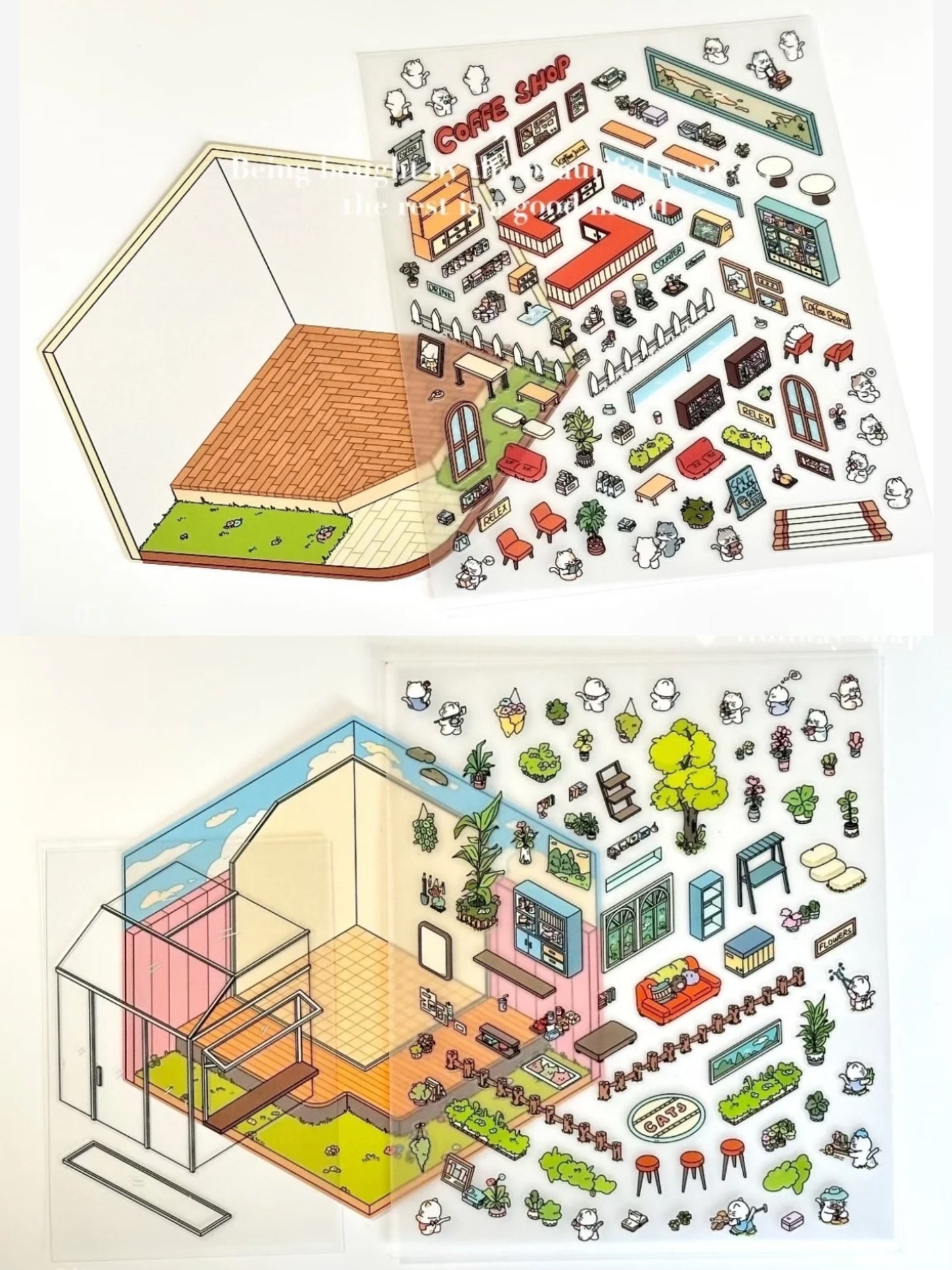 3D Sticker Scene,Make a Sunshine Greenhouse|Coffee Shop|Candy House|Clothing Shop