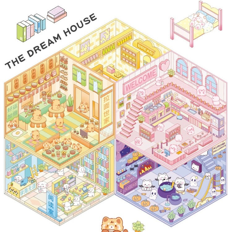 3D House Sticker Scene,DIY Sheep Hut Raccoon Noddle Rabbit Class Dogs Bookstore Devil Cat
