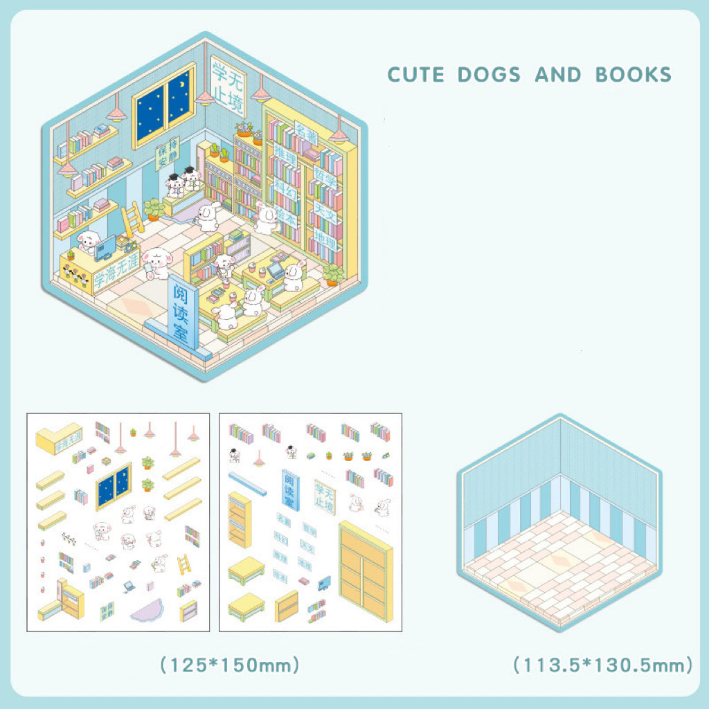 3D House Sticker Scene,DIY Sheep Hut Raccoon Noddle Rabbit Class Dogs Bookstore Devil Cat