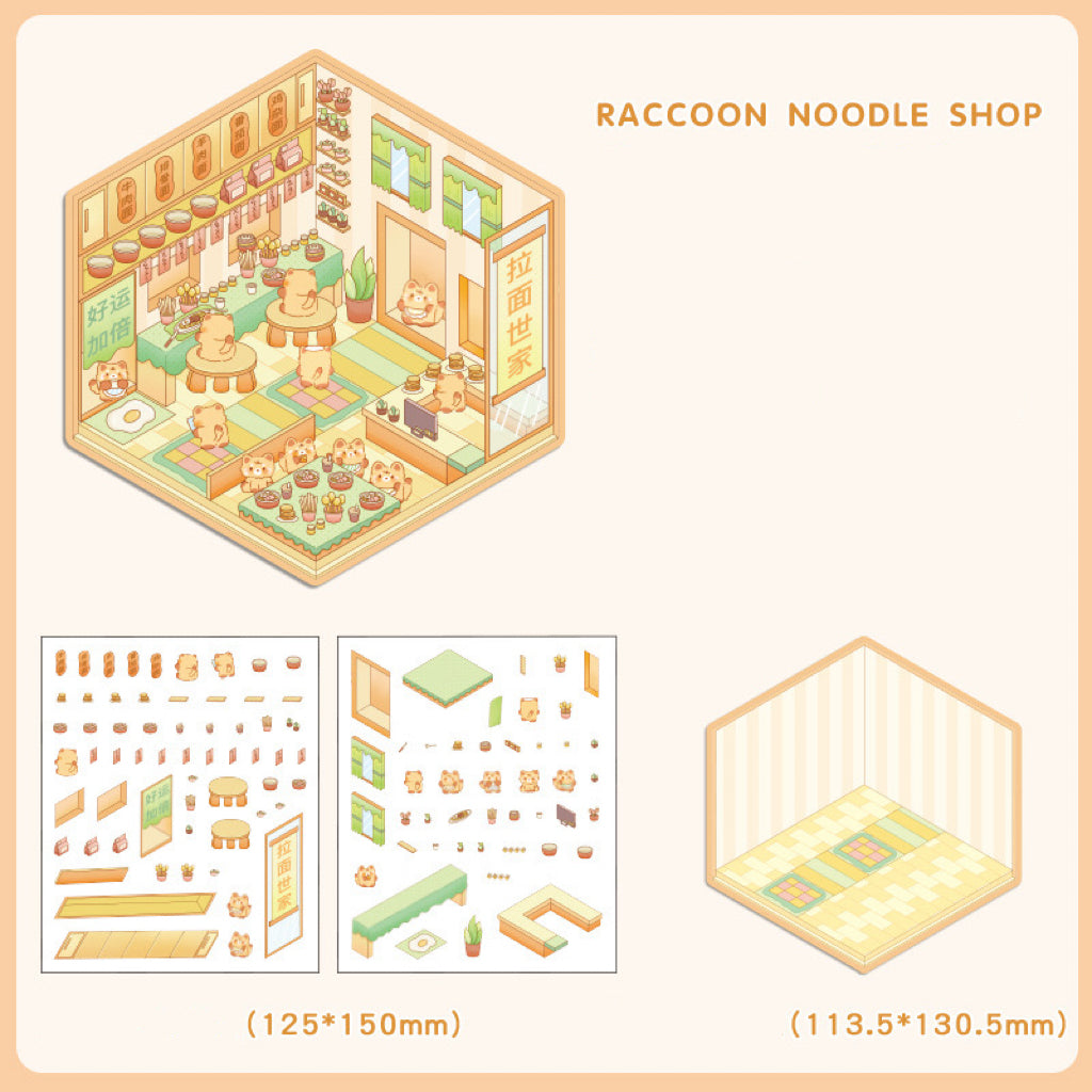 3D House Sticker Scene,DIY Sheep Hut Raccoon Noddle Rabbit Class Dogs Bookstore Devil Cat