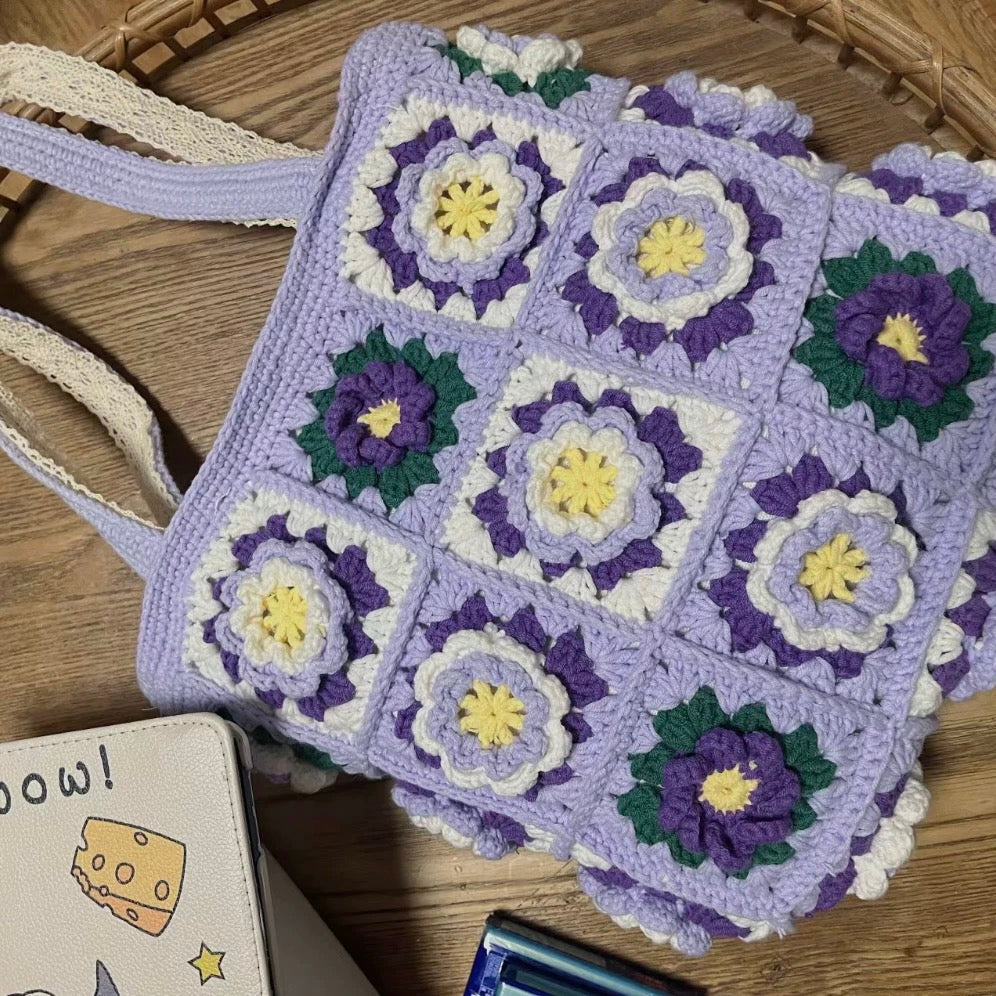 Purple Crochet Bag Handmade Granny Square Shoulder Bag