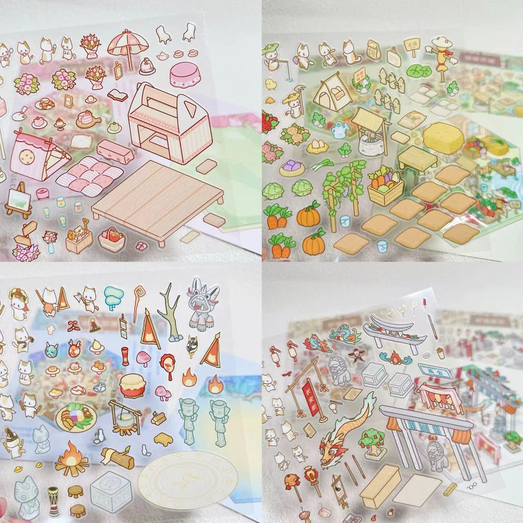 DIY Miniature Sticker Scene,Cat Burger Shop|Ferris Wheel Sushi|Hot Spring|Pizza Shop