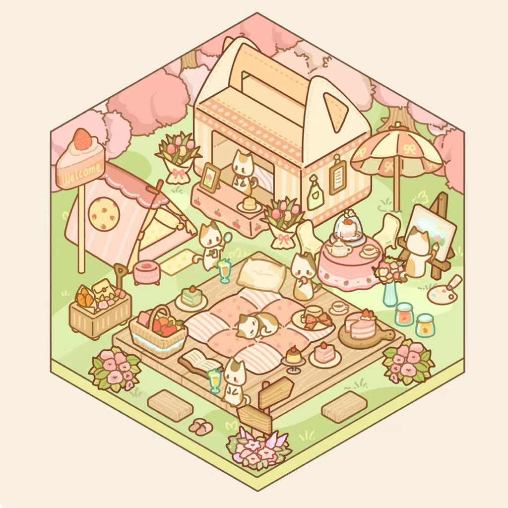 DIY Miniature Sticker Scene,Cat Burger Shop|Ferris Wheel Sushi|Hot Spring|Pizza Shop