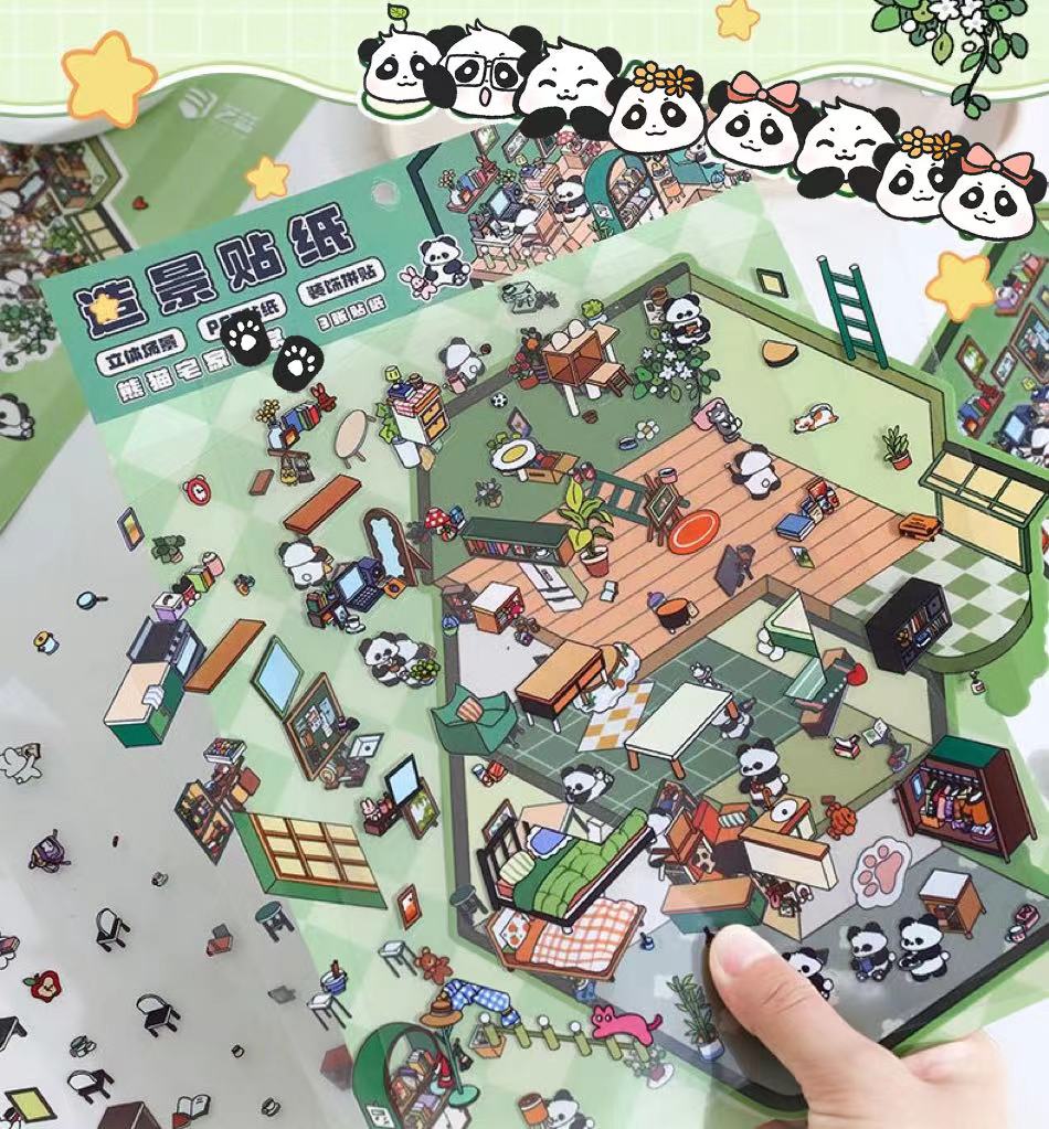 DIY 3D Panda Villa Girls House Bunny Reading Room Scene Stickers