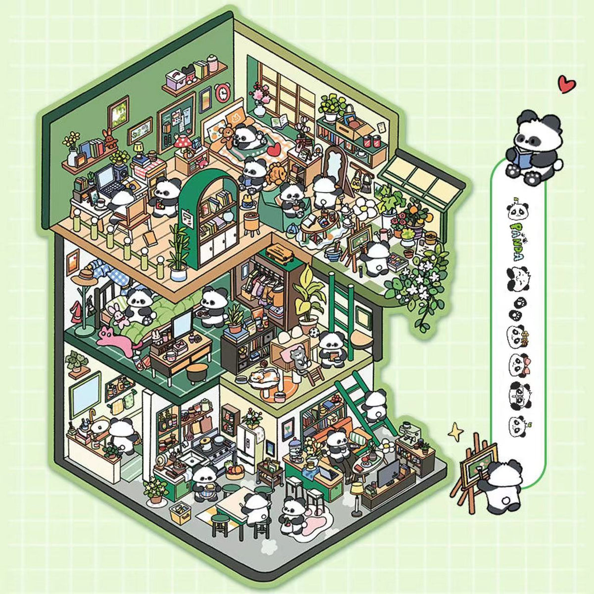 DIY 3D Panda Villa Girls House Bunny Reading Room Scene Stickers