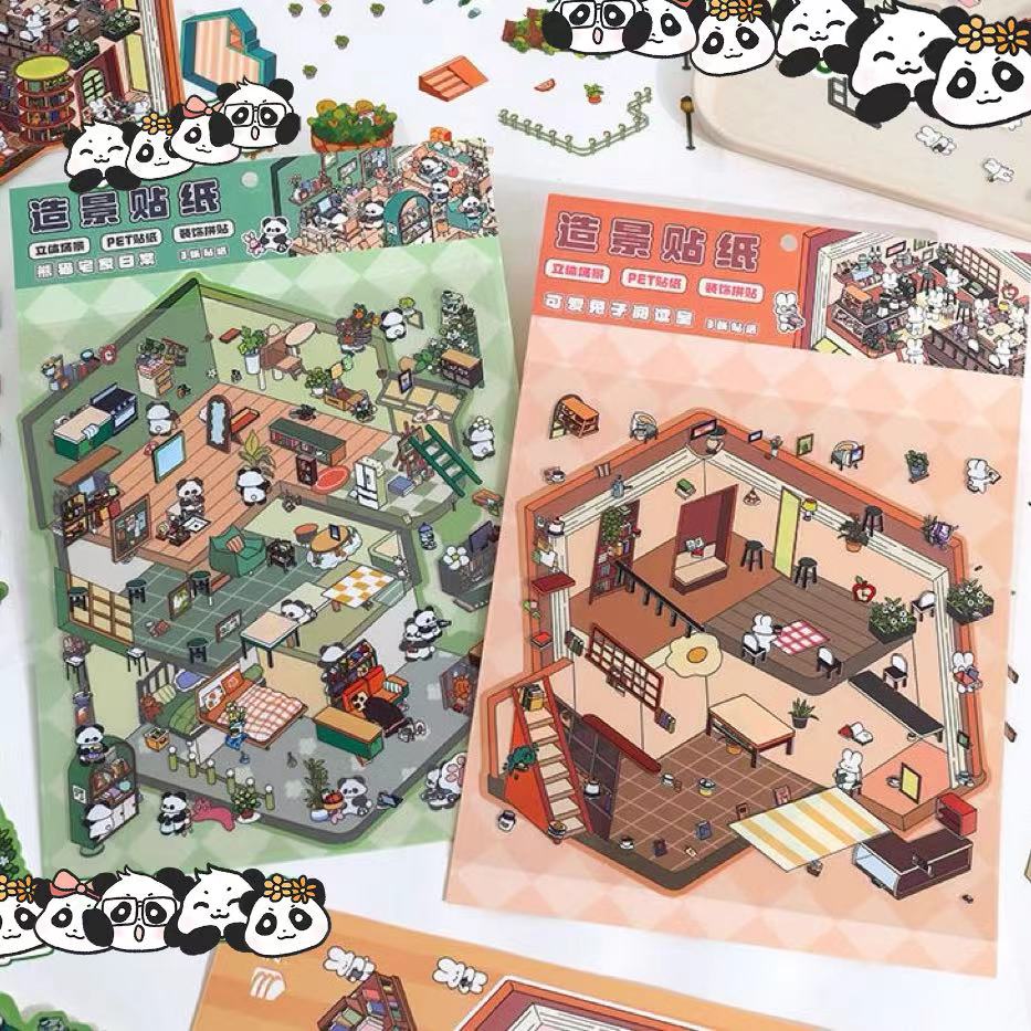 DIY 3D Panda Villa Girls House Bunny Reading Room Scene Stickers