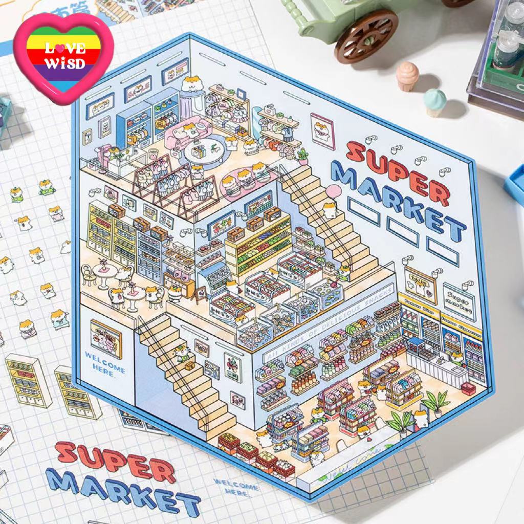 Big Sticker Scene! DIY 3 Story Super Market Book Shop 3D Miniature Sticker