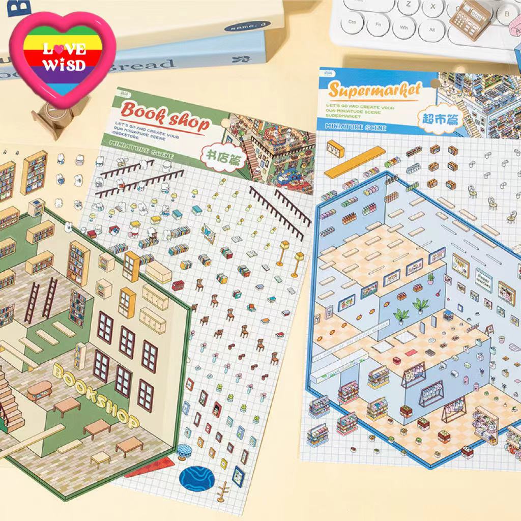 Big Sticker Scene! DIY 3 Story Super Market Book Shop 3D Miniature Sticker