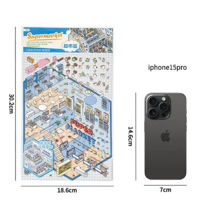 Big Sticker Scene! DIY 3 Story Super Market Book Shop 3D Miniature Sticker