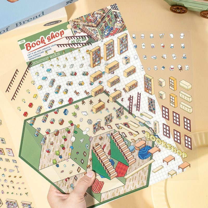 Big Sticker Scene! DIY 3 Story Super Market Book Shop 3D Miniature Sticker