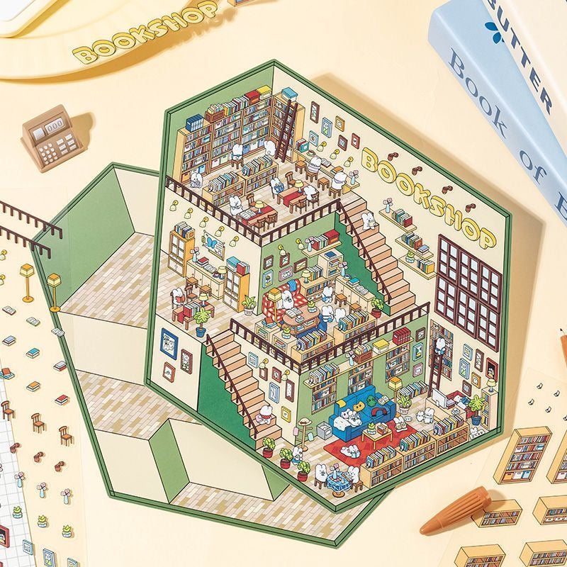Big Sticker Scene! DIY 3 Story Super Market Book Shop 3D Miniature Sticker