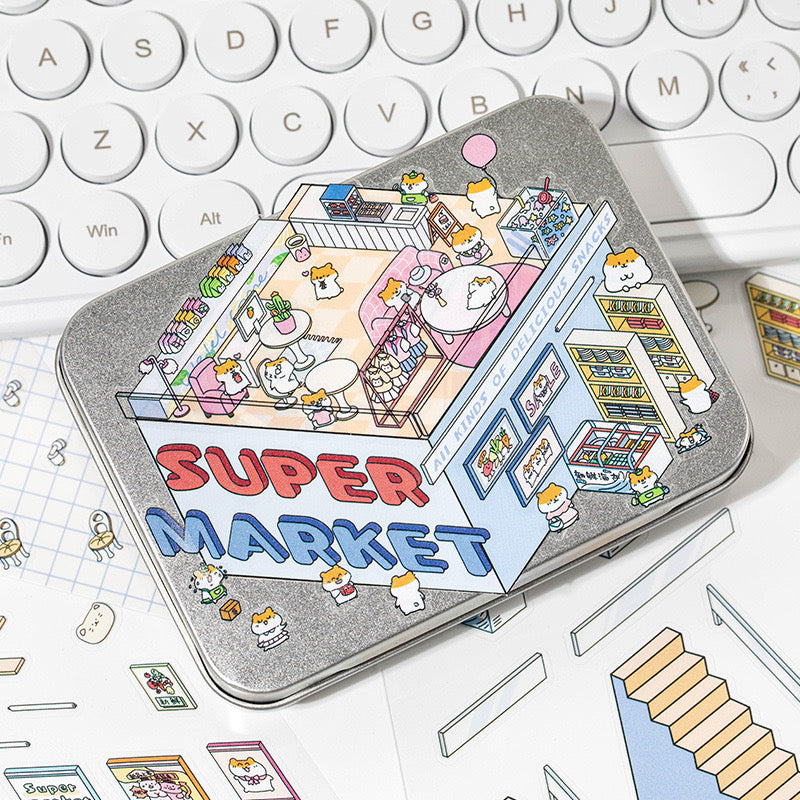 Big Sticker Scene! DIY 3 Story Super Market Book Shop 3D Miniature Sticker