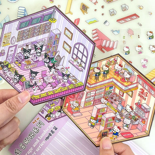 Kawaii Stickers Scene,DIY 3D Coffee Shop Pink Room Frozen