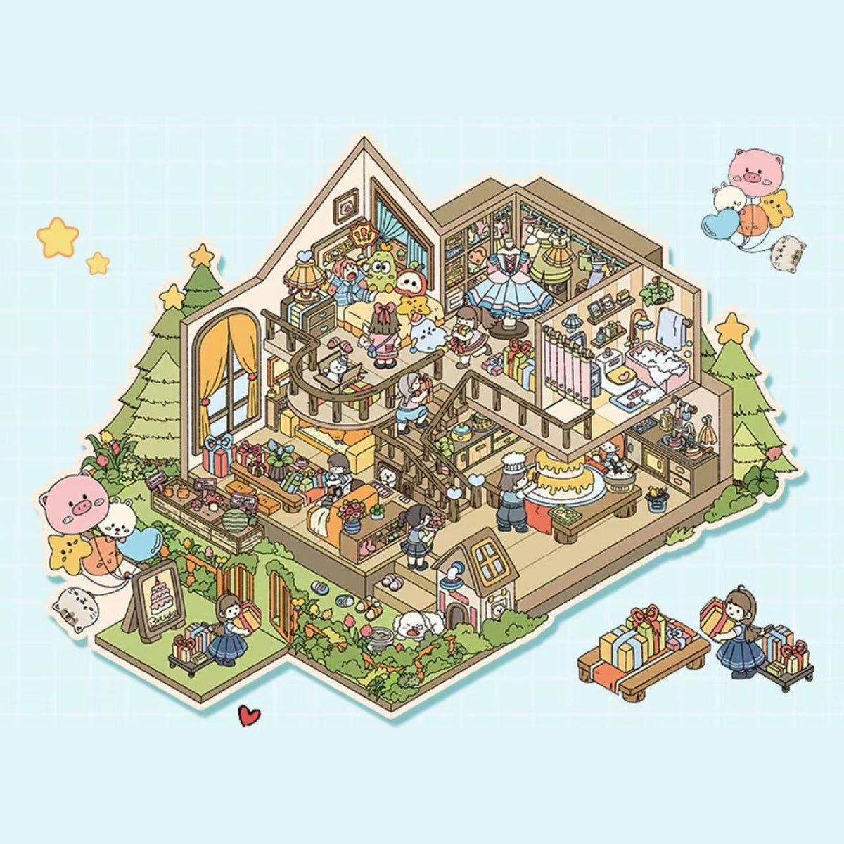 DIY 3D Panda Villa Girls House Bunny Reading Room Scene Stickers