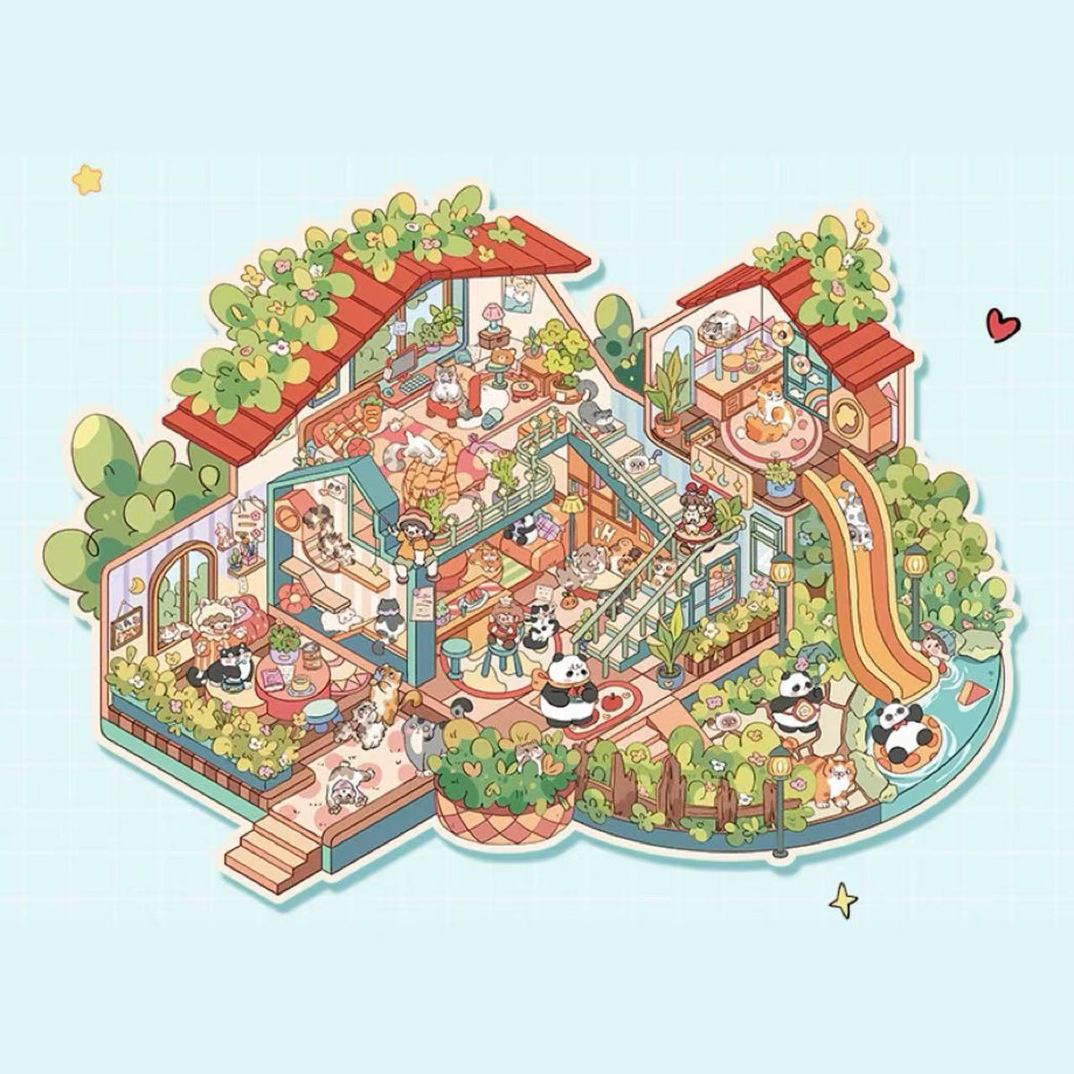DIY 3D Panda Villa Girls House Bunny Reading Room Scene Stickers