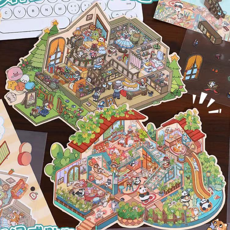 DIY 3D Panda Villa Girls House Bunny Reading Room Scene Stickers
