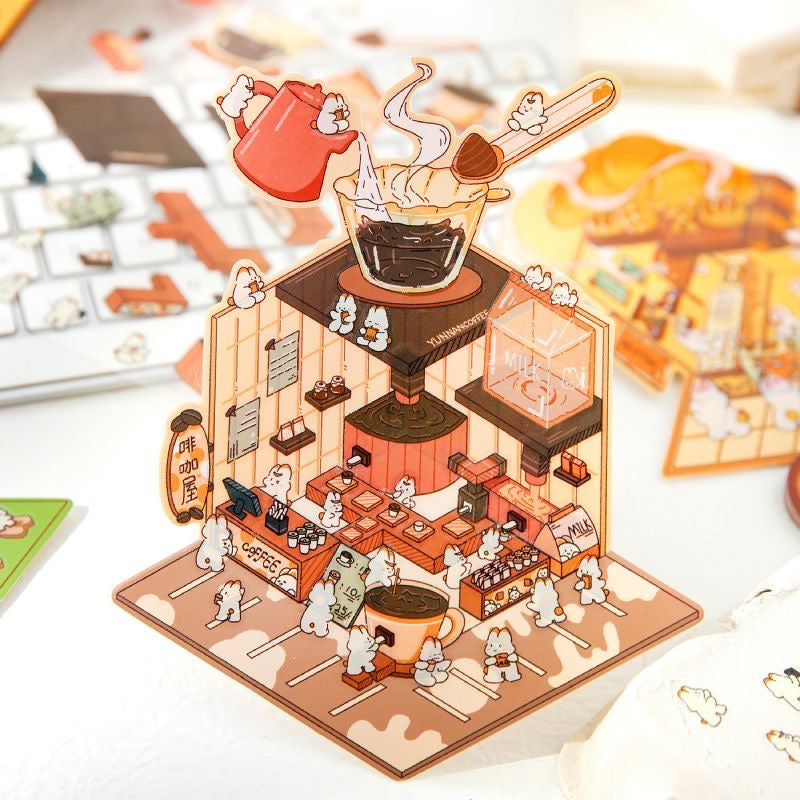 3D Sticker Scene,Make Bunny Coffee Shop Chocolate House Cake Bread Shop