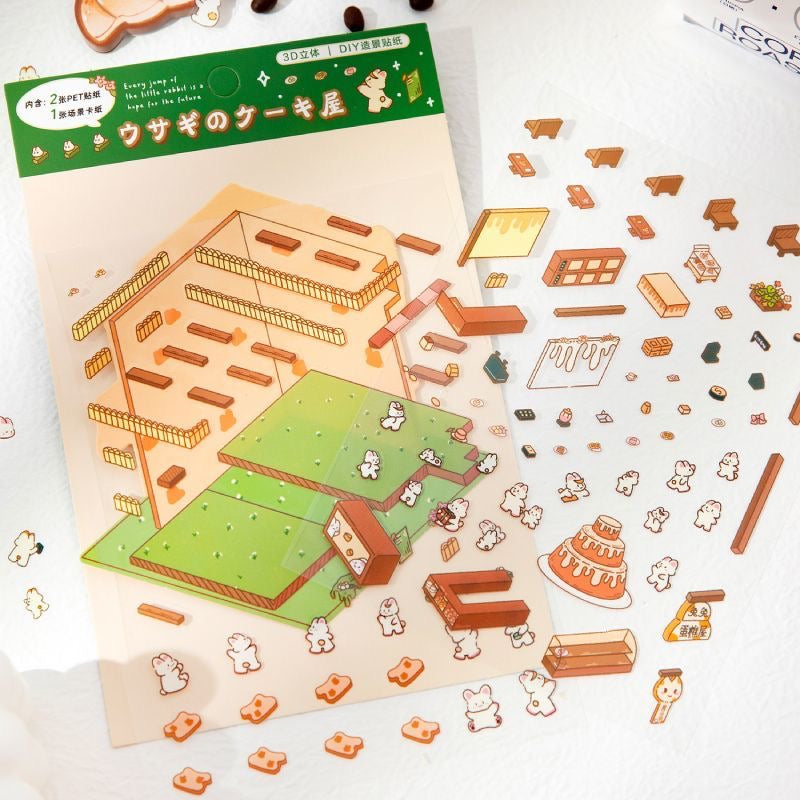 3D Sticker Scene,Make Bunny Coffee Shop Chocolate House Cake Bread Shop