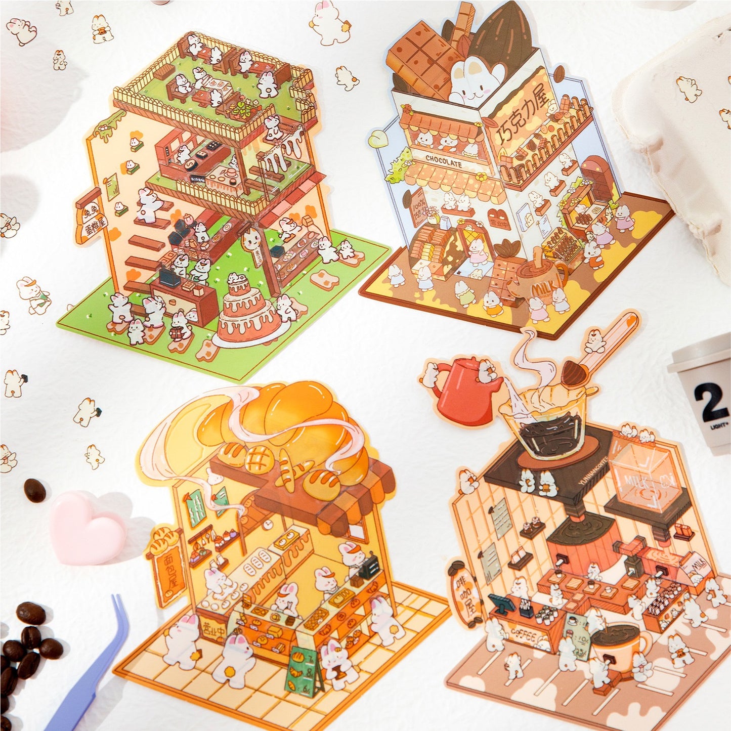 3D Sticker Scene,Make Bunny Coffee Shop Chocolate House Cake Bread Shop