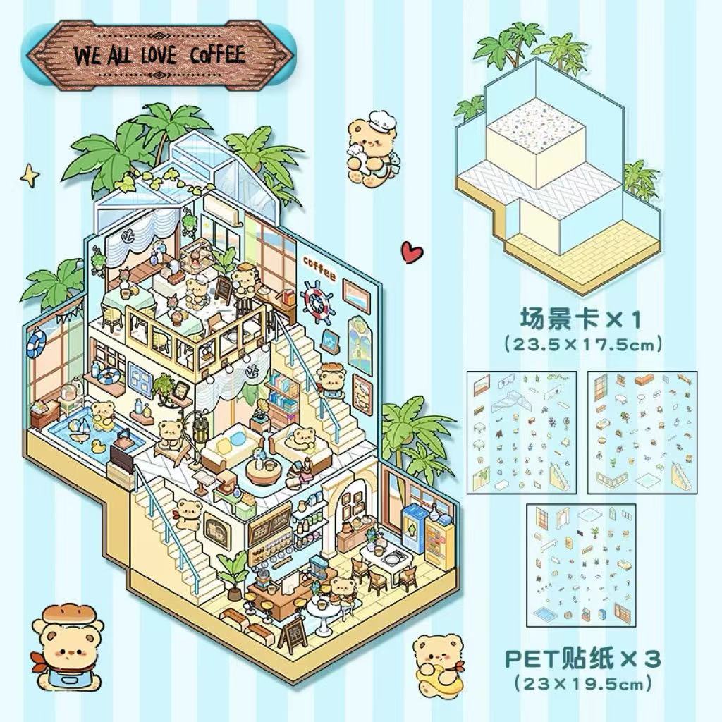 DIY Big 3D Sticker Scene Bear Coffee Panda Kindergarten Capybara Game Bunny Castle