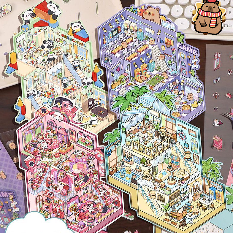 DIY Big 3D Sticker Scene Bear Coffee Panda Kindergarten Capybara Game Bunny Castle