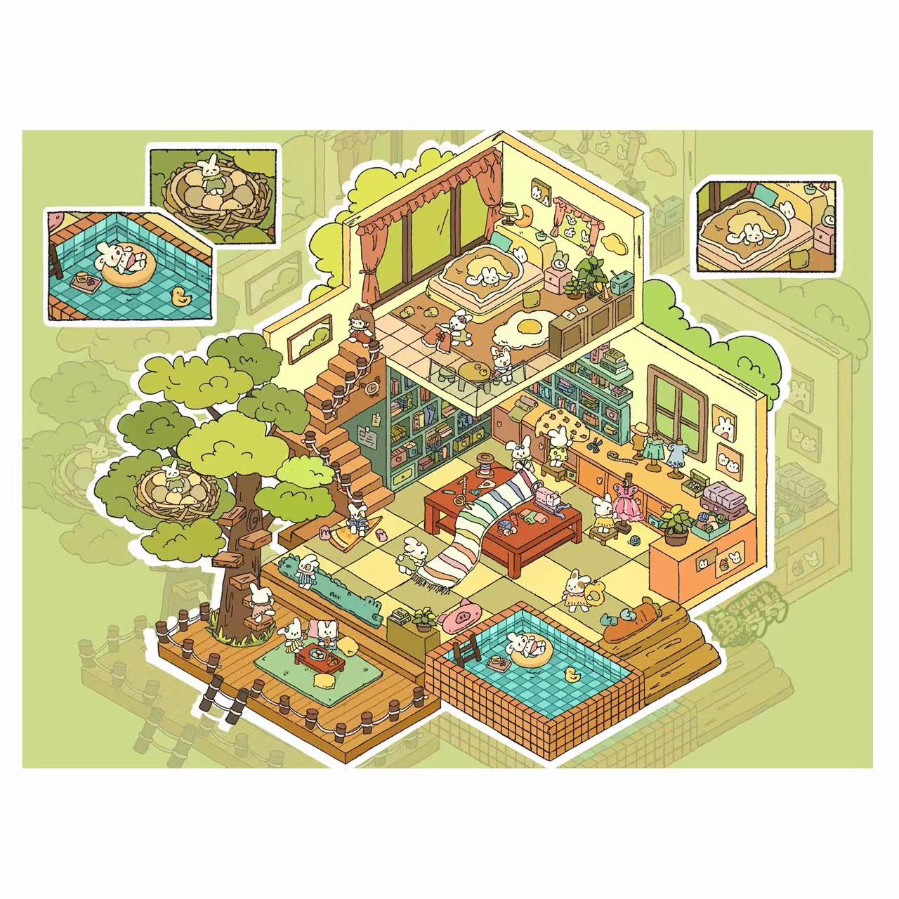 DIY 3D Sticker Scene: Lawn Wedding Island Villa Pillow House Chinese Architecture