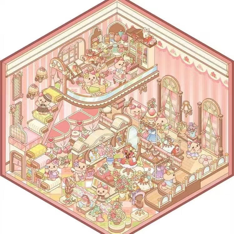 3D House Sticker Sheet, DIY Boutique Dressmaker Workshop Autumn Bakery Flower Shop