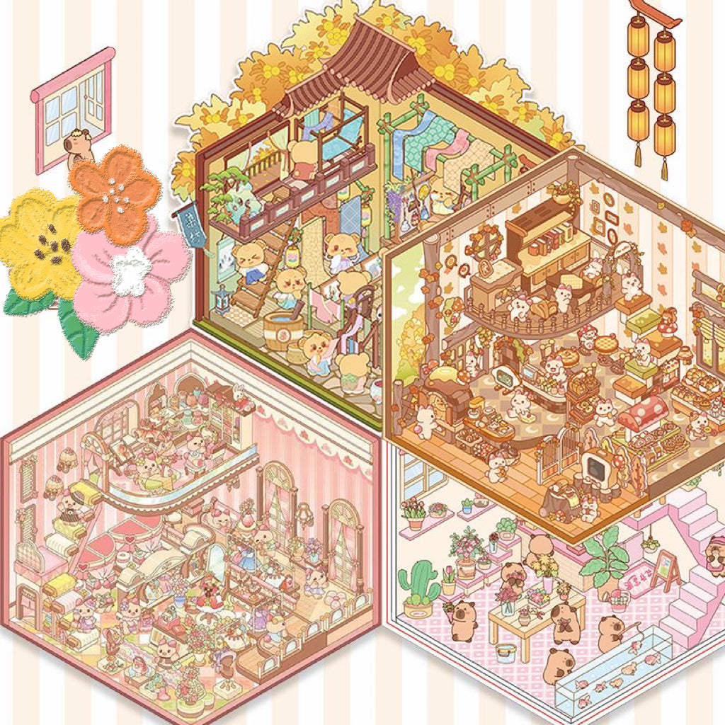 3D House Sticker Sheet, DIY Boutique Dressmaker Workshop Autumn Bakery Flower Shop